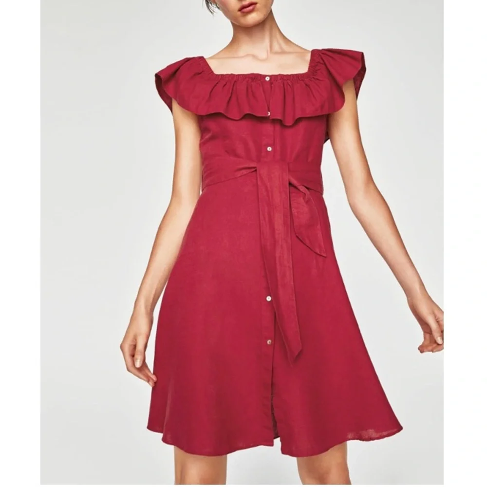 💃🏻 ZARA RUFFLE LINEN BLEND DRESS 💃🏻 - Picture 2 of 9